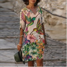 Birds and flowers scent V-neck loose fit comfortable dress HF1816-03-01 Birds and flowers scent V-neck loose fit comfortable dress HF1816-03-01