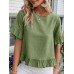 Solid Ruffle Round Neck Short Sleeve Casual Blouse